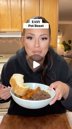 a woman holding a bowl of food in front of her face with the words easy pot roast above her head