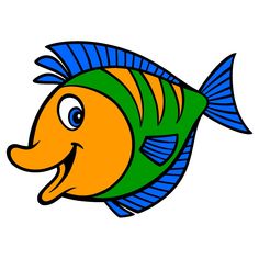 a cartoon fish with blue and green stripes on it's head, smiling for the camera