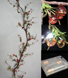 two pictures one with flowers and the other with glass balls hanging from it's branches