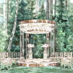 an artistic painting of a gazebo surrounded by chairs and tables in the middle of a forest