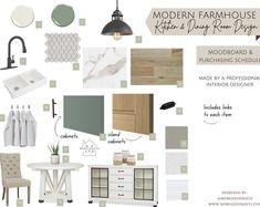 the modern farmhouse style kitchen and dining room design board is shown in white, green, and