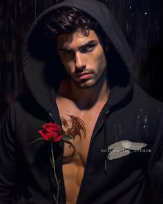 a shirtless man with a rose in his hand