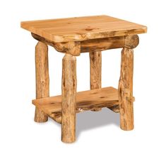 a small wooden table sitting on top of a white floor