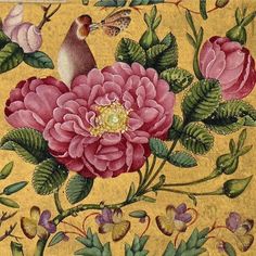 a painting of flowers and birds on a yellow background