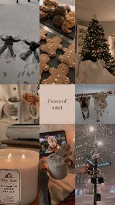 a collage of pictures with cookies, candles and other things in the background that include a christmas tree