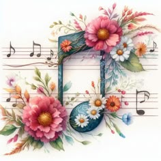 a painting of flowers and music notes on a white background with the letter d surrounded by musical notes