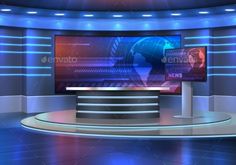 an empty news studio with two televisions on the set and blue lights around it