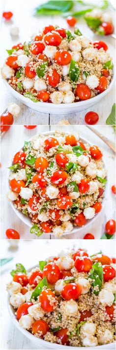 three different views of a salad with tomatoes and cheese