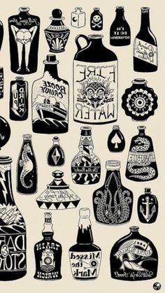 an assortment of different types of liquor bottles in black and white on a beige background