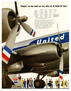 an advertisement for united airlines with people standing around the plane