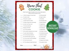 a printable christmas movie that cookie game is shown with ornaments on the snow covered ground