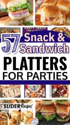 the cover of 75 snack and sandwich platters for parties, with pictures of sandwiches