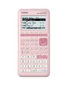 a pink calculator sitting on top of a white table