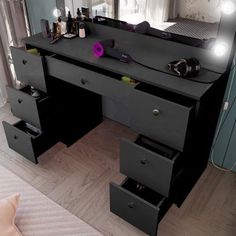 a black vanity with drawers and lights on it