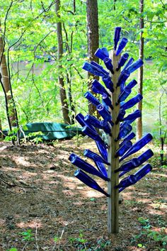 a tall blue bottle tree in the woods