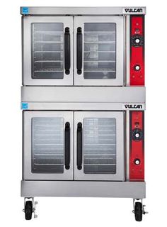 two double ovens sitting side by side on casteors with red and blue trim