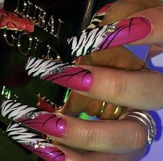 Early 2000s Nails, Blue Diamond Nails, 2000s Nails, Black Acrylic Nails, Hot Pink Nails, Ombre Acrylic Nails, Y2k Nails