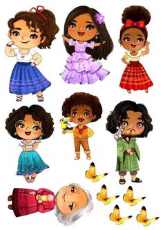 cartoon girls with different hair styles and clothes, all dressed in different outfits for the same occasion