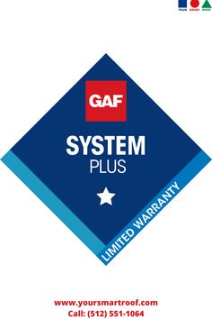 the gaf system plus logo is shown in blue and red with white stars on it