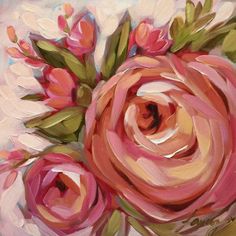 an oil painting of pink flowers in a vase