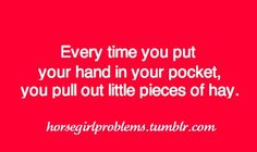 a red background with the words every time you put your hand in your pocket, you pull out little pieces of hay