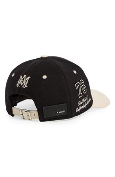 Founder Mike Amiri's monogram logo is embroidered at the front of a wool-blend cap finished with a smooth leather brim. Adjustable back strap Lined 75% wool, 25% polyamide with leather contrast Spot clean Made in Italy Black Baseball Cap With Logo Detail, Black Baseball Cap With Logo, Curved Visor, Black Hats With Logo Detail For Streetwear, Black Hat With Logo Detail For Streetwear, Black Hat With Logo For Streetwear, Classic Black Hat With Logo Detail, Classic Hat With Logo For Streetwear, Classic Streetwear Hats With Logo Detail, Classic Black Snapback Hat With Embroidered Logo