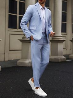 Blue and White Work Collar   Plain  Embellished Slight Stretch  Men Clothing Linen Suits For Men, Light Blue Pants, Suit Ideas, Linen Suits, Business Work, Casual Suit, Suit Pants