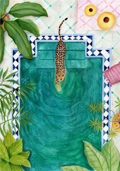 a painting of a giraffe in the water surrounded by plants and other things