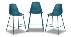 two blue stools sitting next to each other on a white background with one chair facing the camera