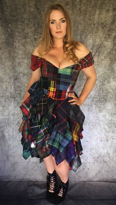 Softly structured dress made from recycled tartan samples.  www.LyndseyClarkBoutique.co.uk  Mixed tartan fabric samples. Soft boned bodice, off the shoulder straps/ sleeves, overlocked, high-low 'rag' skirt. Custom made to measure version of the dress photographed. Exact tartans used and placements may differ, as each one is made from scratch at time of order. Outdoor photos by 7/10 photography. PLEASE READ MY SHOP POLICIES SECTION CAREFULLY **BEFORE** ORDERING ANYTHING, MY POLICIES COVER A FEW Womens Tartan Off The Shoulder Dress, Rag Skirt, Scottish Clothing, Structured Dress, Boned Bodice, Tartan Fabric, Tartan Dress, Fit Body, Dresses Uk