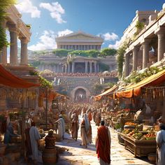 an artist's rendering of a roman market with people walking through the marketplaces