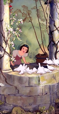 the princess and the frog is surrounded by white doves in front of a stone wall