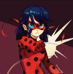 a cartoon character with blue hair and red polka dots on her body, wearing glasses