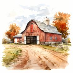 a watercolor painting of a red barn on a dirt road in the country side