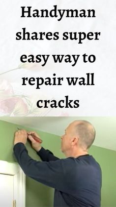 a man is painting the ceiling with green paint and white lettering that says handyman shares super easy way to repair wall cracks