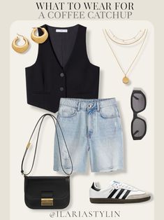 fashion inspo, summer fashion, summer outfit, summer outfit idea, summer outfit ideas, outfit inspo, classic outfit, classic chic, classy outfit, classy look, elevated outfit, elevated chic, black waistcoat, black vest, blazer vest, suit vest, denim shorts, bermuda shorts, adidas sneakers, adidas samba, black bag, shoulder bag, tote bag, office bag, style inspo, women fashion Black Vest Shorts Outfit, Black Vest Outfit Summer, Outfits Inspiration Summer, Summer Black Vest For Streetwear, Black Sleeveless Summer Vest, Summer Casual Outfits, Coffee Outfit Ideas, Black V-neck Vest For Summer, Looks Com Short