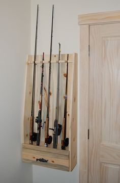 I thought this would be cool for your fishing poles!!     Fishing Rod Rack Built of Beetle Killed Pine. $185.00, via Etsy. Fishing Pole Storage, Fishing Pole Holder, Awesome Woodworking Ideas, Fishing Rod Rack, Fishing Room, Rod Rack, Woodworking Box