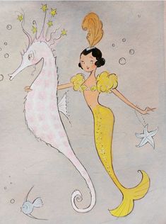 a drawing of a mermaid and a sea horse