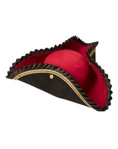 a red and black hat with gold trim