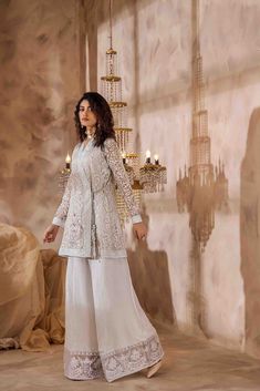 Pakistani Long Jacket Dresses, New Design Party Wear Dress, Muslim Party Wear Dresses, Long Kurta With Pants, Bottom Designs Pants, Pakistani Designer Suits Party Wear, Mirror Work Dress Design, Party Wear Suit Design, Pakistan Party Wear