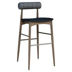 a wooden bar stool with a black seat and back cushion on an isolated white background