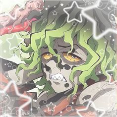 an anime character with green hair and yellow eyes, in front of some white stars