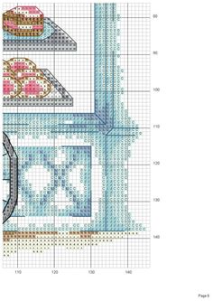 the cross stitch pattern shows different types of cakes and pastries on a table top