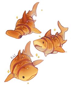 three cartoon fish with different shapes and sizes, one is orange and the other is brown