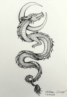 a black and white drawing of a dragon