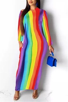 Rainbow Dress Women, Rainbow Clothing, Rainbow Dresses, Black Floor Length Dress, Rainbow Clothes, Stripes Dress, Rainbow Outfit, Rose Fashion, Rainbow Fashion