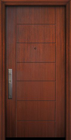 a wooden door with a metal handle and glass paneling on the top part of it