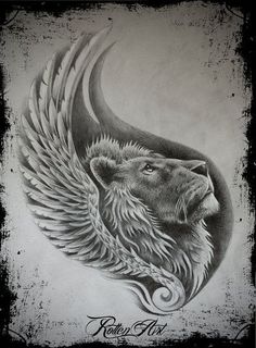 a drawing of a lion with wings on it