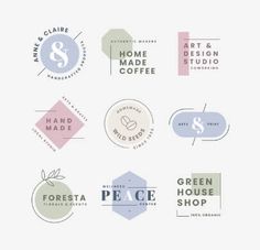 six logos designed for art and design made coffee, including the logo for green house shop