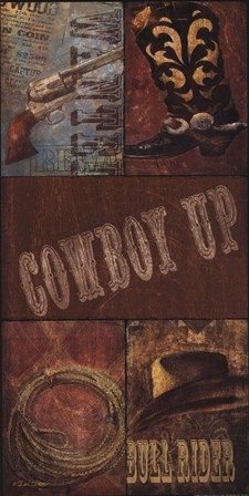 cowboy up sign with images of hats and boots